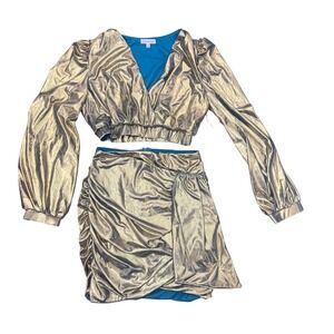Rosevelt Gold Metallic Ruched Crop Top Long Sleeve Skirt Set